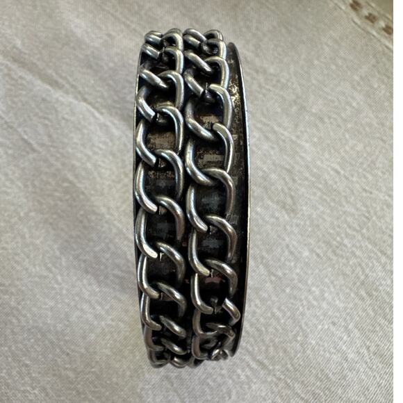 Metal Chain Bangle Bracelet Silver Tone Two Rows of Chains - Picture 1 of 3